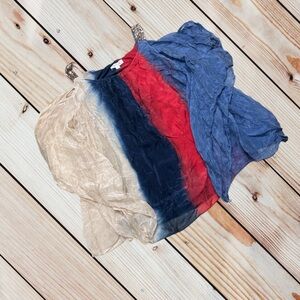 Belle France XL red cream & blue 100% silk cold shoulder flowy sleeve top